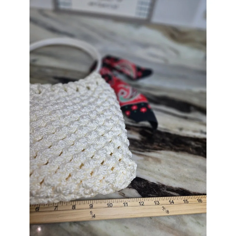 Vintage Style Cream Crochet Handbag White Ring Handle Boho Tote Cottagecore